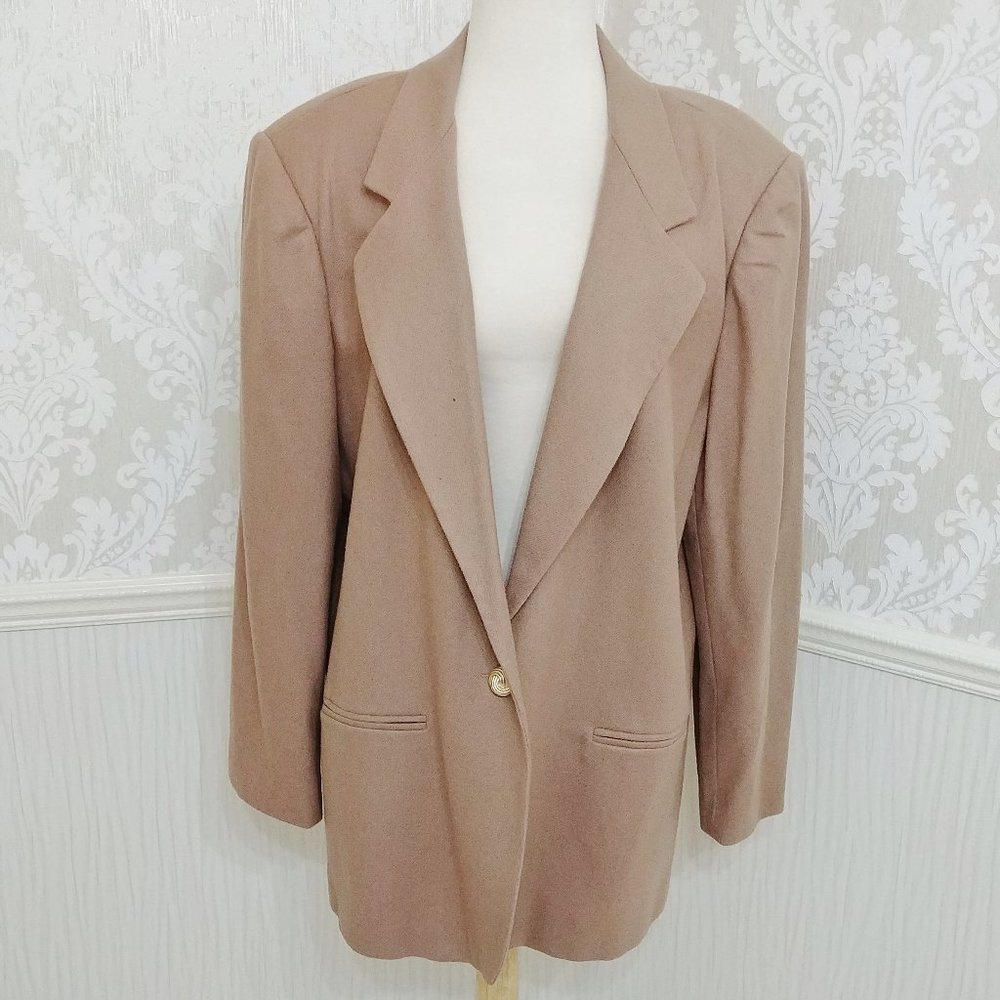Savannah Beige Tan Pure New Wool w Single Gold Button Blazer Jacket Size 18